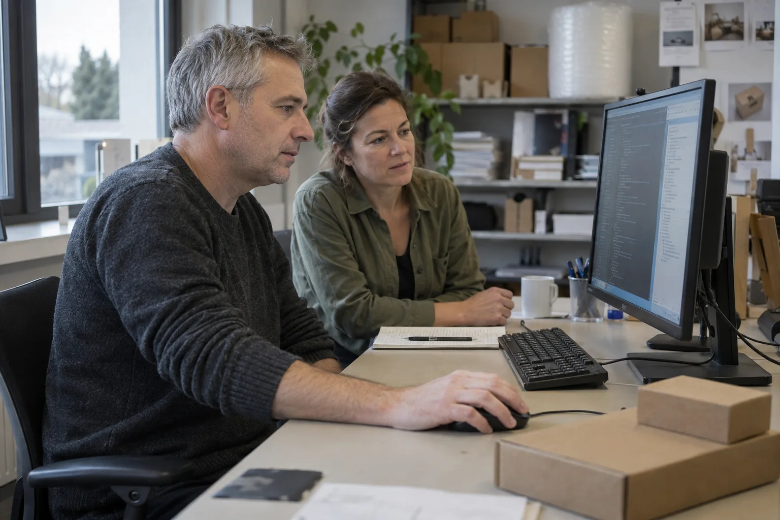 Two people review software together at a screen, with packaging samples on the desk.