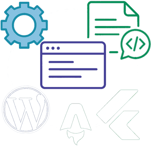 Illustration der Entwicklung von Firmenwebseiten mit dem WordPress, Astro und Flutter Logo