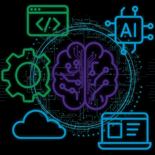 Visualisation of modern IT solutions: AI, cloud, web development and process automation as part of digital transformation.