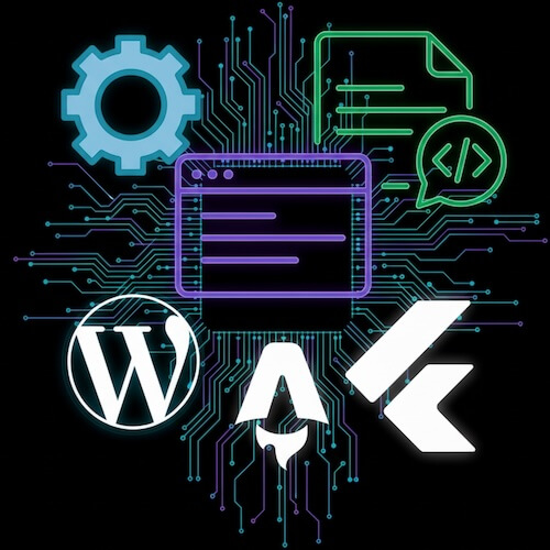 Illustration of corporate website development, showing the WordPress, Astro and Flutter logos