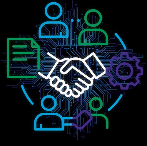 Illustration with a handshake to emphasise trust in IT consulting.