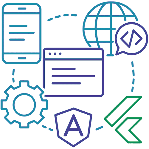 Illustration of web and app development with the Angular and Flutter logo